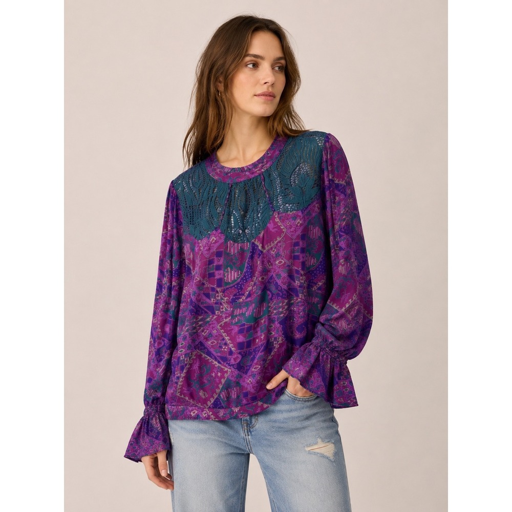 TINY Blouse Top Women Sz XL Purple Paisley Lace Trumpet Sleeve Fairy Boho